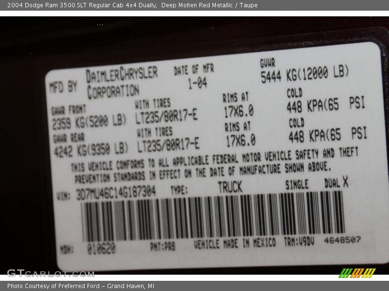 2004 Ram 3500 SLT Regular Cab 4x4 Dually Deep Molten Red Metallic Color Code PR8