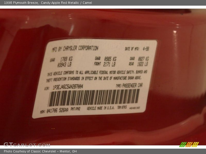 1998 Breeze  Candy Apple Red Metallic Color Code PH2