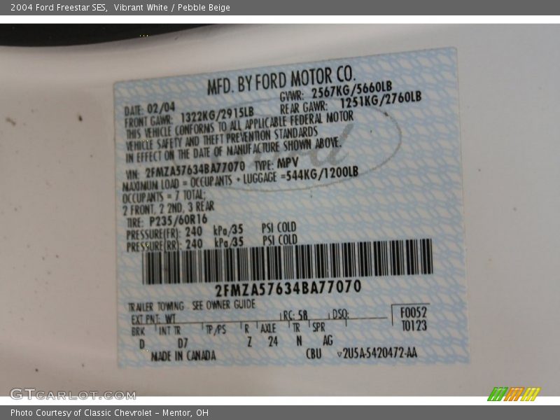 Vibrant White / Pebble Beige 2004 Ford Freestar SES