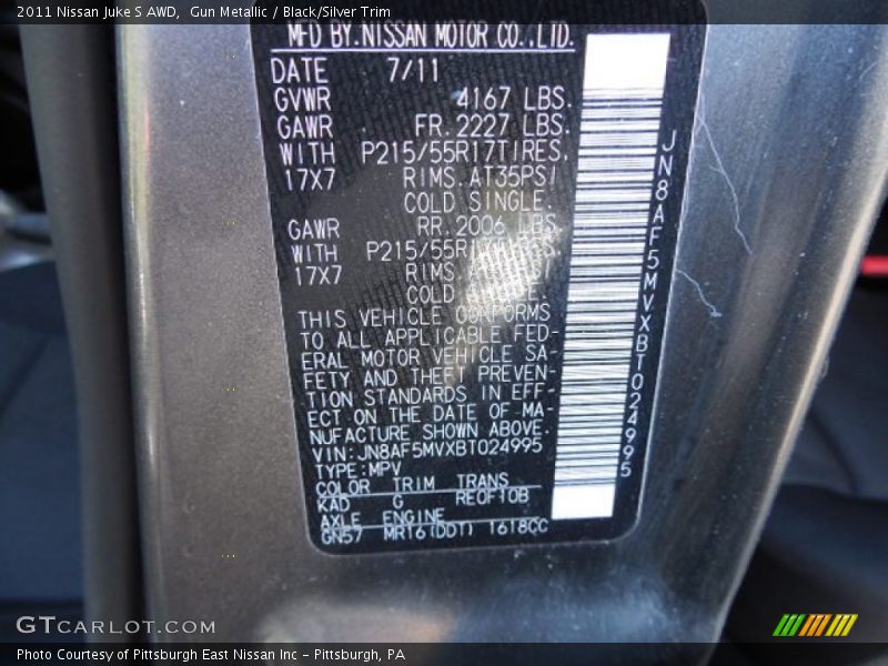 Gun Metallic / Black/Silver Trim 2011 Nissan Juke S AWD