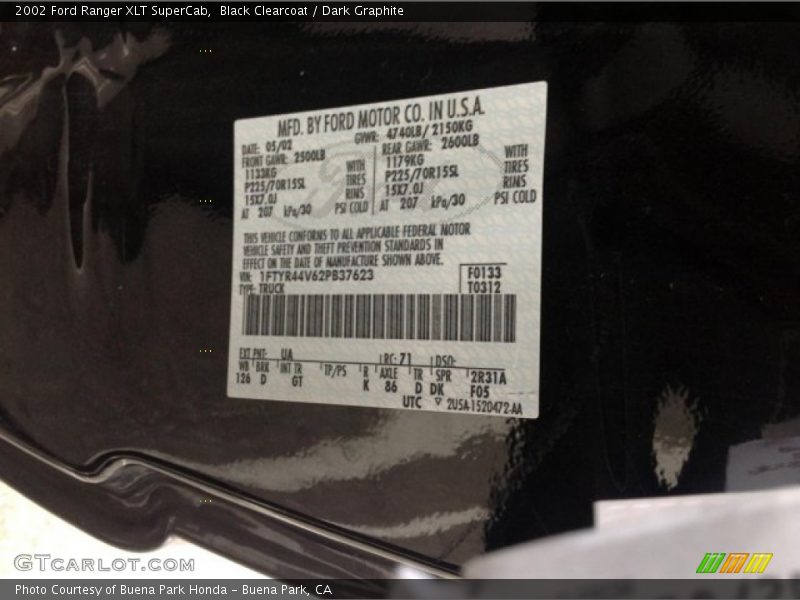 Black Clearcoat / Dark Graphite 2002 Ford Ranger XLT SuperCab
