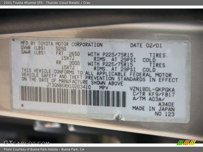 Thunder Cloud Metallic / Gray 2001 Toyota 4Runner SR5
