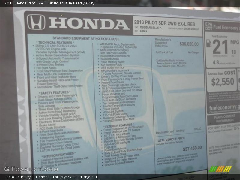 Obsidian Blue Pearl / Gray 2013 Honda Pilot EX-L