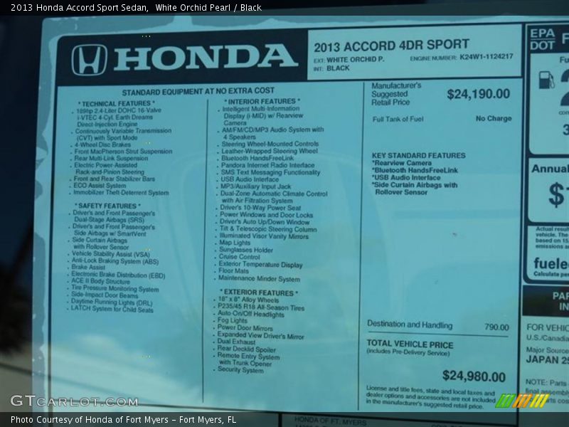White Orchid Pearl / Black 2013 Honda Accord Sport Sedan