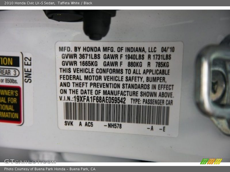 Taffeta White / Black 2010 Honda Civic LX-S Sedan