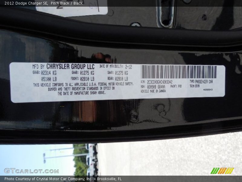 Pitch Black / Black 2012 Dodge Charger SE