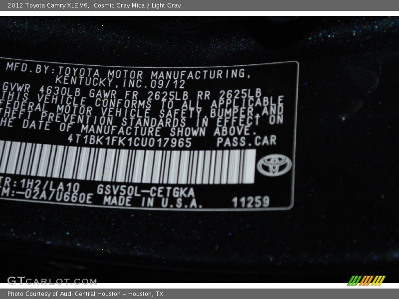 Cosmic Gray Mica / Light Gray 2012 Toyota Camry XLE V6