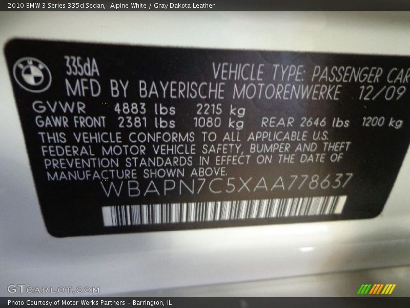 Alpine White / Gray Dakota Leather 2010 BMW 3 Series 335d Sedan