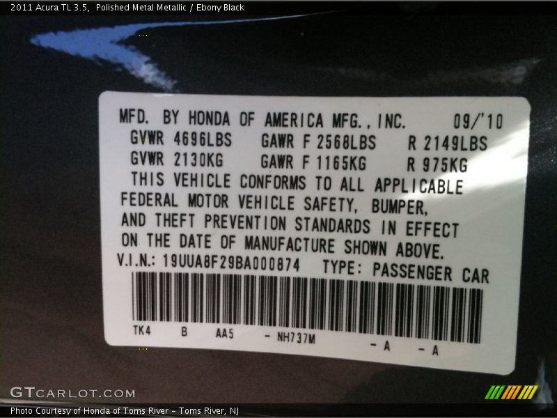 Polished Metal Metallic / Ebony Black 2011 Acura TL 3.5