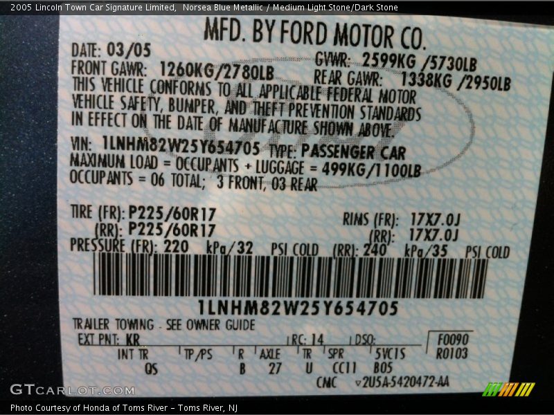 2005 Town Car Signature Limited Norsea Blue Metallic Color Code KR