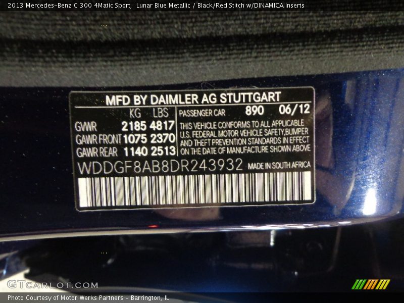 Lunar Blue Metallic / Black/Red Stitch w/DINAMICA Inserts 2013 Mercedes-Benz C 300 4Matic Sport