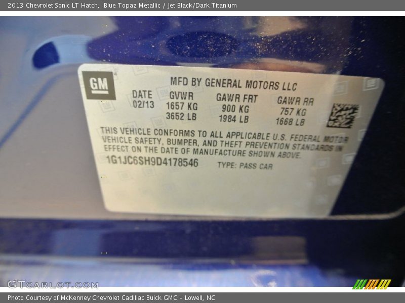 Blue Topaz Metallic / Jet Black/Dark Titanium 2013 Chevrolet Sonic LT Hatch