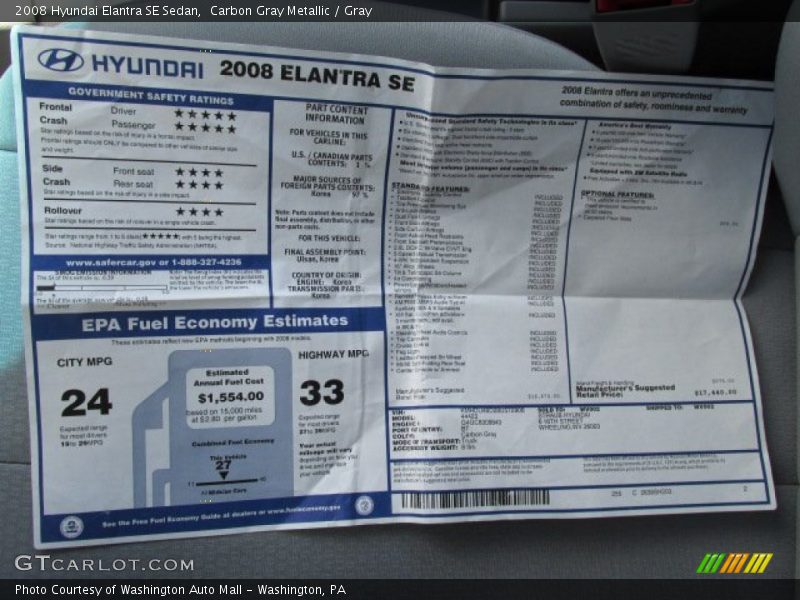  2008 Elantra SE Sedan Window Sticker