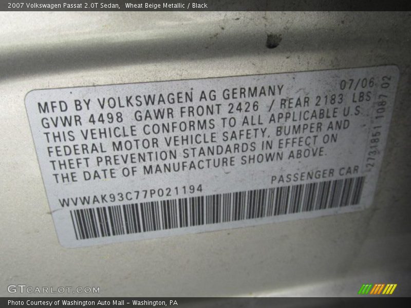 Wheat Beige Metallic / Black 2007 Volkswagen Passat 2.0T Sedan