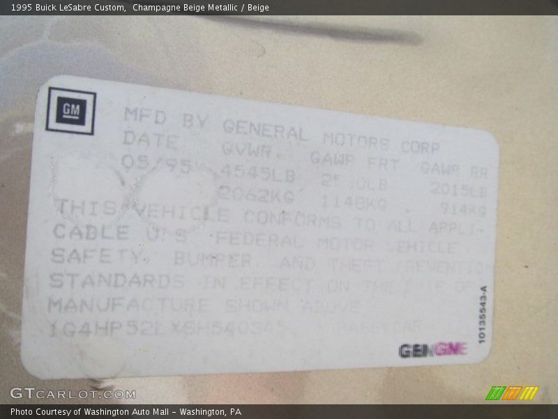 Info Tag of 1995 LeSabre Custom