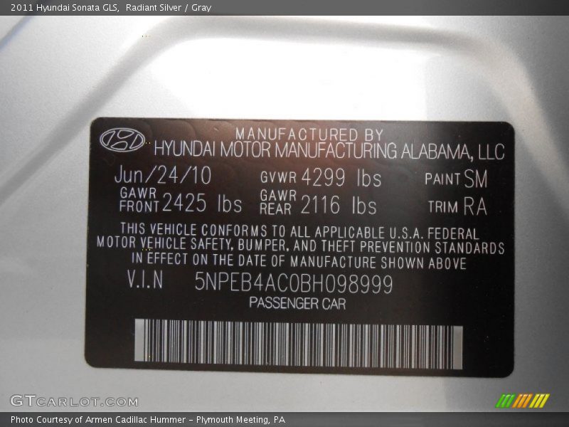 Radiant Silver / Gray 2011 Hyundai Sonata GLS