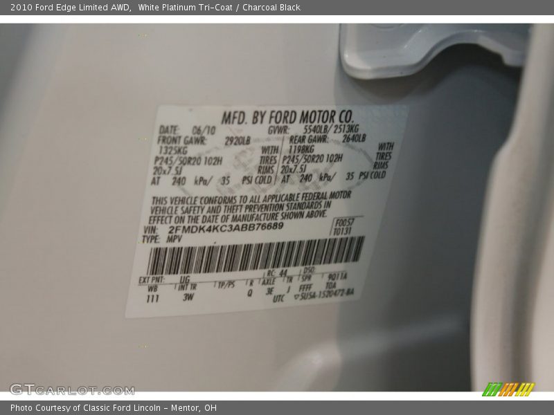 White Platinum Tri-Coat / Charcoal Black 2010 Ford Edge Limited AWD