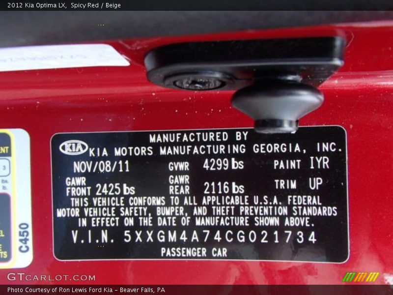 Spicy Red / Beige 2012 Kia Optima LX