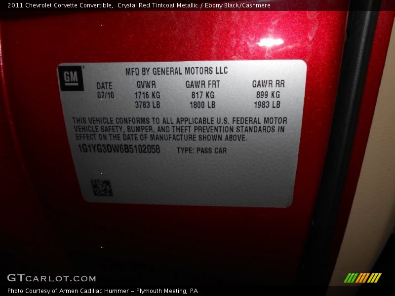 Info Tag of 2011 Corvette Convertible