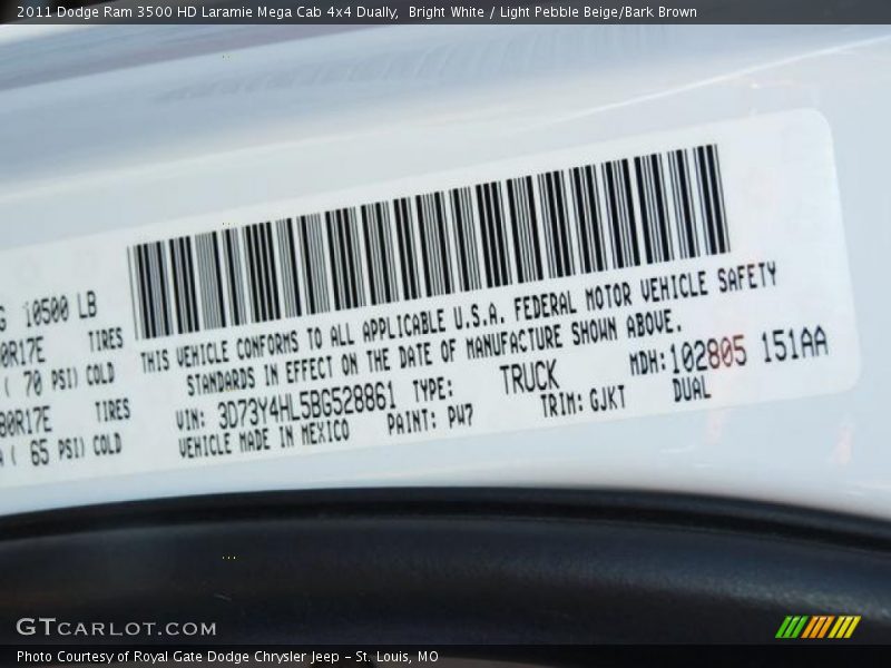 Bright White / Light Pebble Beige/Bark Brown 2011 Dodge Ram 3500 HD Laramie Mega Cab 4x4 Dually