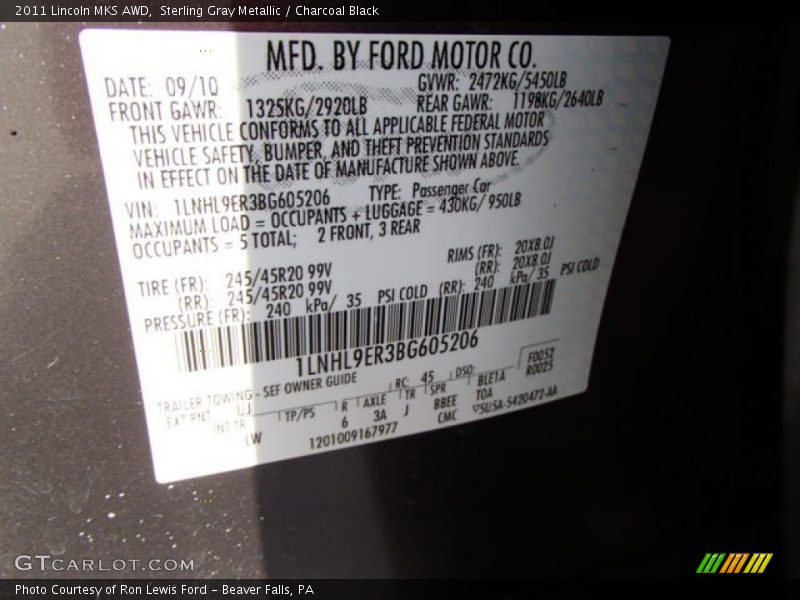 Sterling Gray Metallic / Charcoal Black 2011 Lincoln MKS AWD