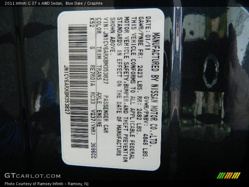 2011 G 37 x AWD Sedan Blue Slate Color Code K52