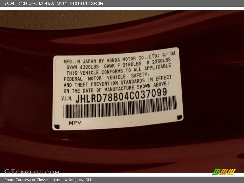 Chianti Red Pearl / Saddle 2004 Honda CR-V EX 4WD