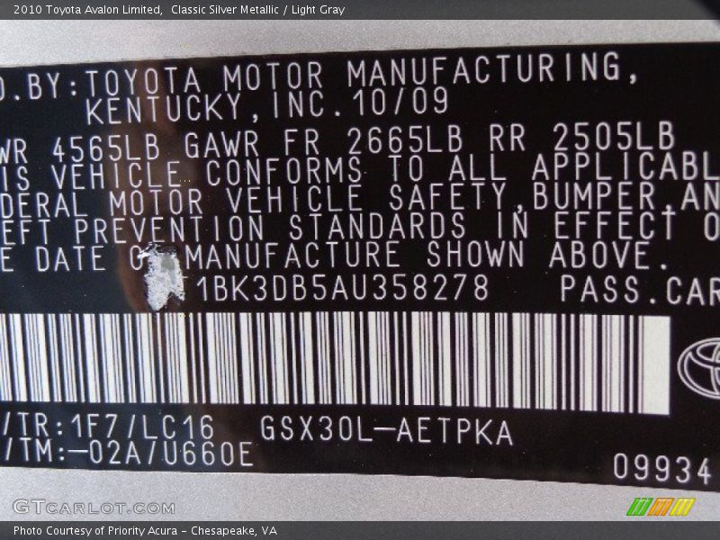 Classic Silver Metallic / Light Gray 2010 Toyota Avalon Limited