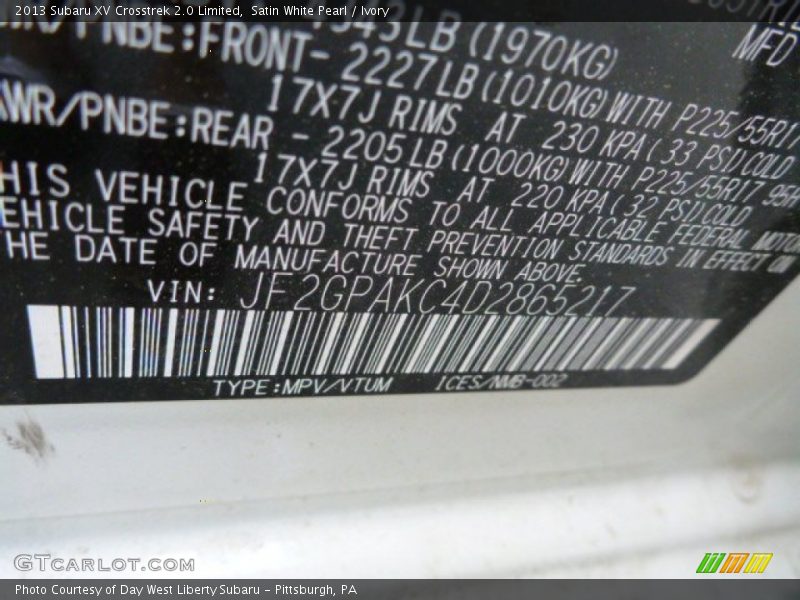 Satin White Pearl / Ivory 2013 Subaru XV Crosstrek 2.0 Limited