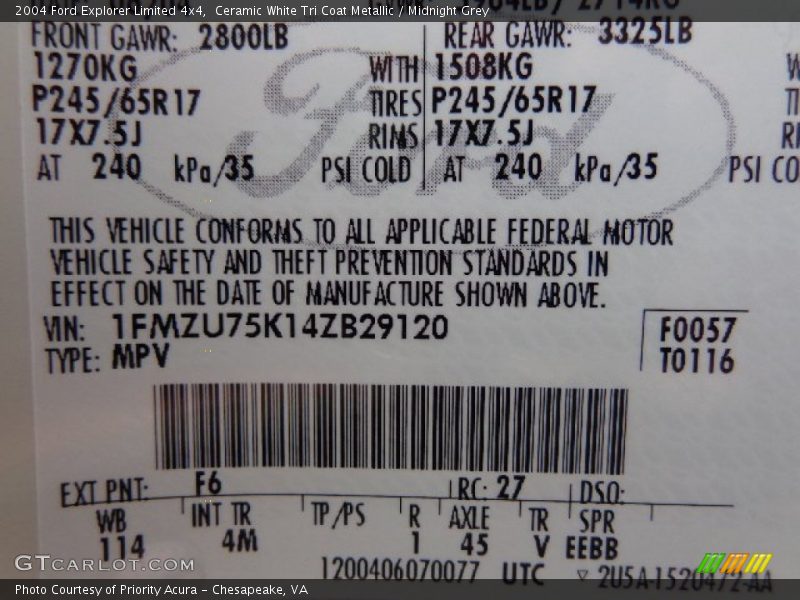 2004 Explorer Limited 4x4 Ceramic White Tri Coat Metallic Color Code F6