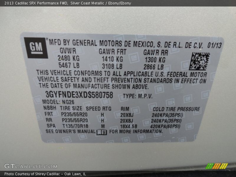 Silver Coast Metallic / Ebony/Ebony 2013 Cadillac SRX Performance FWD