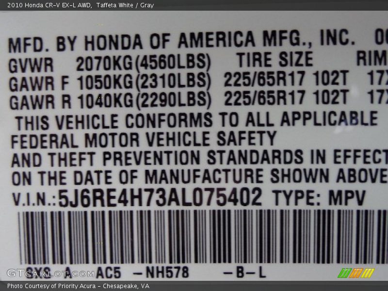 Taffeta White / Gray 2010 Honda CR-V EX-L AWD