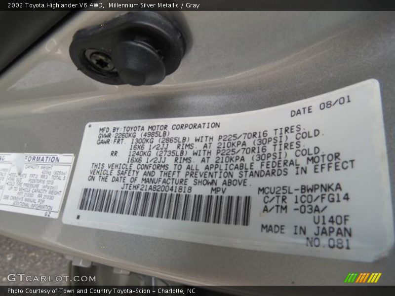 Millennium Silver Metallic / Gray 2002 Toyota Highlander V6 4WD