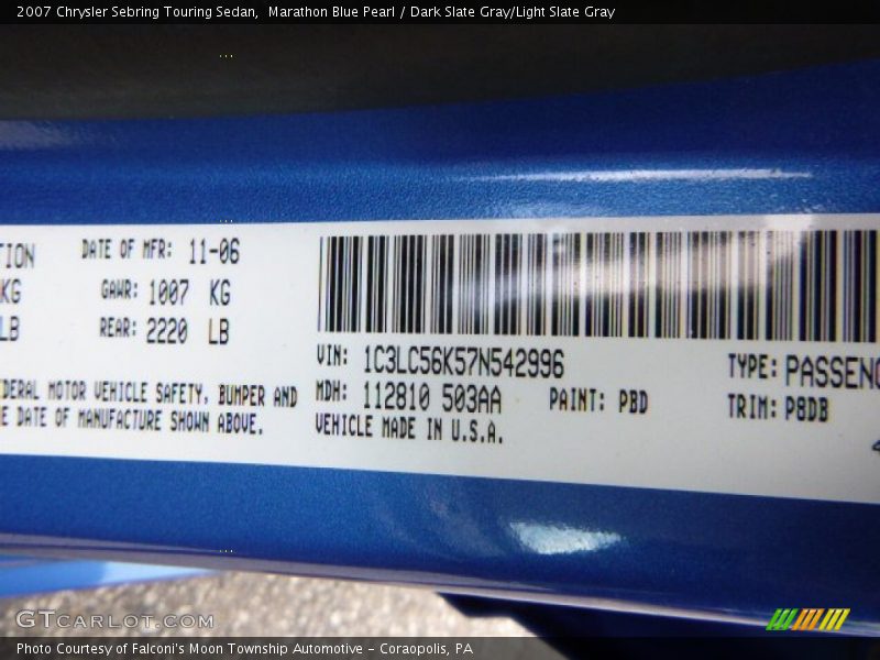 2007 Sebring Touring Sedan Marathon Blue Pearl Color Code PBD
