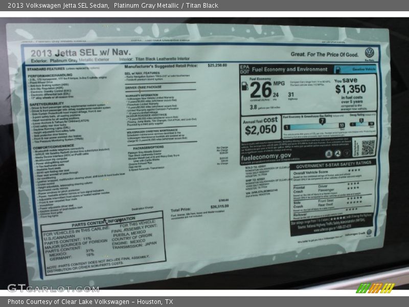 Platinum Gray Metallic / Titan Black 2013 Volkswagen Jetta SEL Sedan