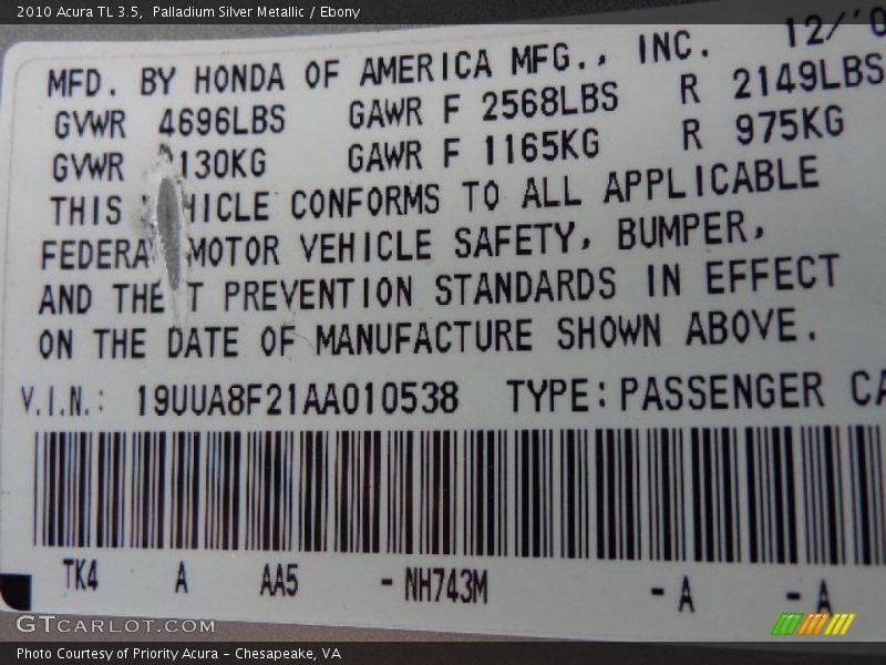 Palladium Silver Metallic / Ebony 2010 Acura TL 3.5