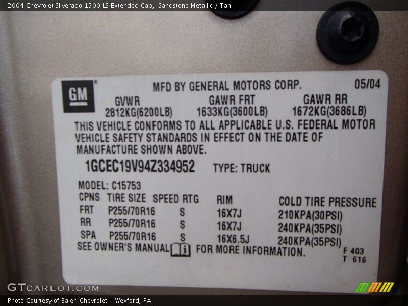 Info Tag of 2004 Silverado 1500 LS Extended Cab