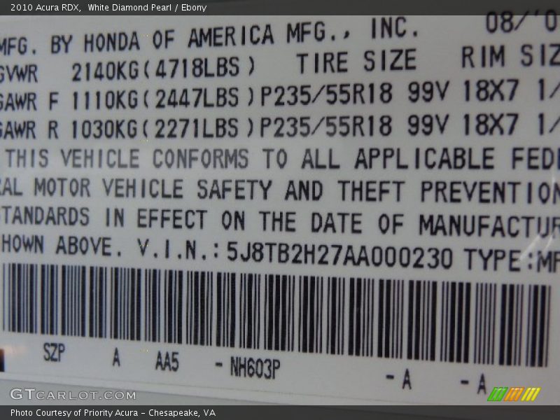 White Diamond Pearl / Ebony 2010 Acura RDX