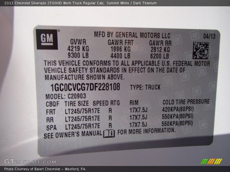 Summit White / Dark Titanium 2013 Chevrolet Silverado 2500HD Work Truck Regular Cab