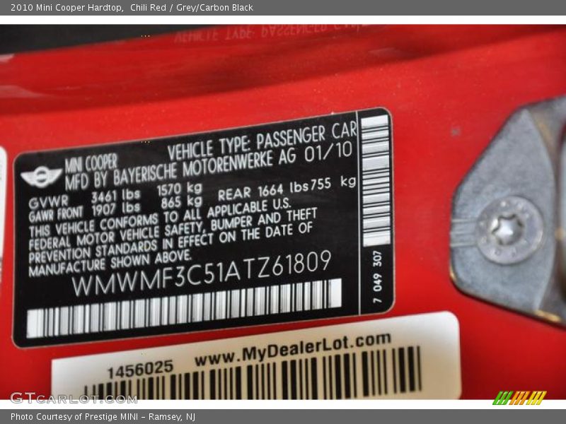 Chili Red / Grey/Carbon Black 2010 Mini Cooper Hardtop