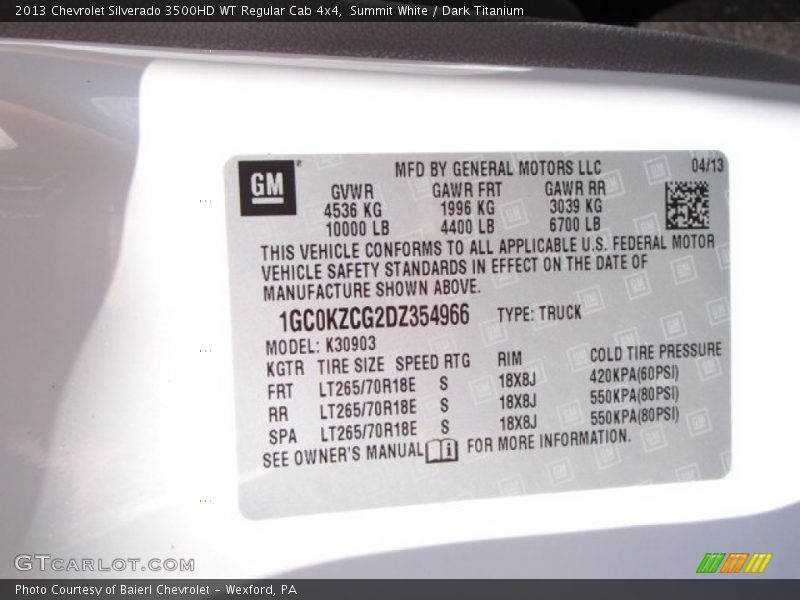 Summit White / Dark Titanium 2013 Chevrolet Silverado 3500HD WT Regular Cab 4x4