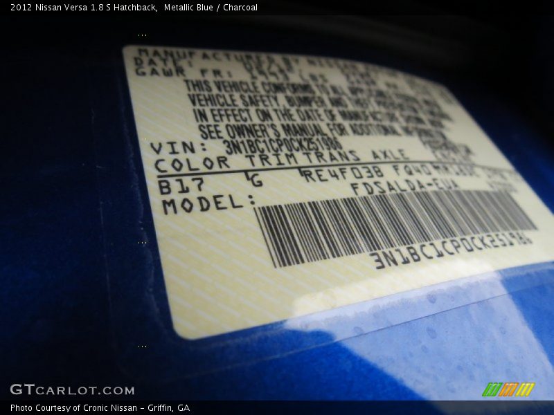 Metallic Blue / Charcoal 2012 Nissan Versa 1.8 S Hatchback