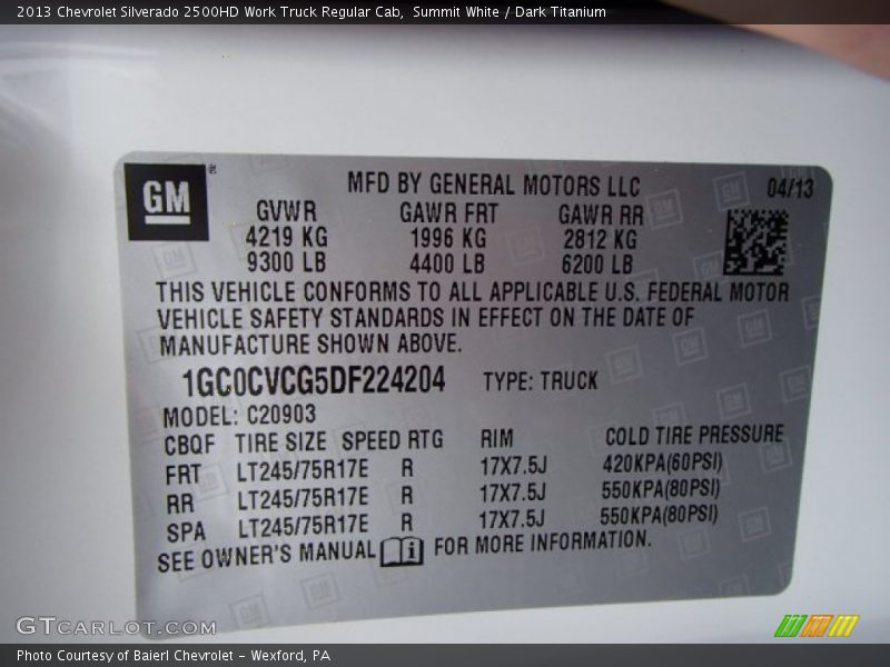 Summit White / Dark Titanium 2013 Chevrolet Silverado 2500HD Work Truck Regular Cab