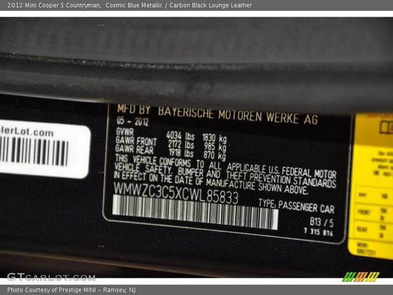 Cosmic Blue Metallic / Carbon Black Lounge Leather 2012 Mini Cooper S Countryman