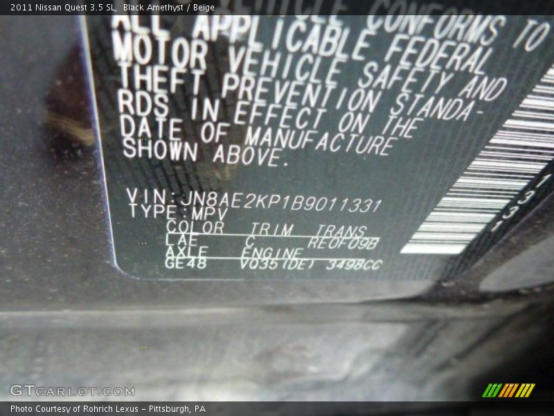 Black Amethyst / Beige 2011 Nissan Quest 3.5 SL
