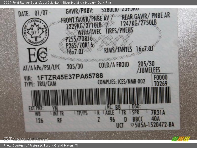 2007 Ranger Sport SuperCab 4x4 Silver Metallic Color Code YN