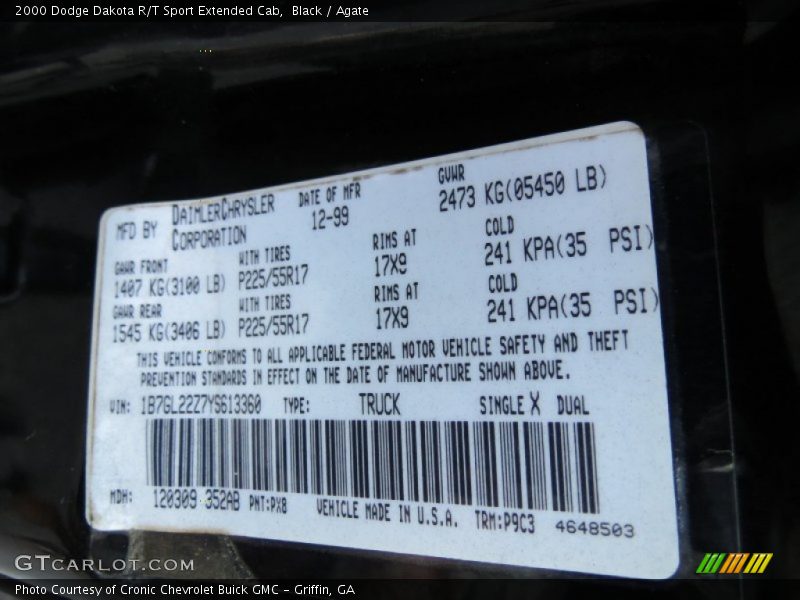 2000 Dakota R/T Sport Extended Cab Black Color Code PX8