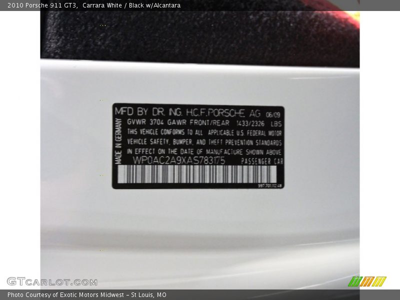 Info Tag of 2010 911 GT3
