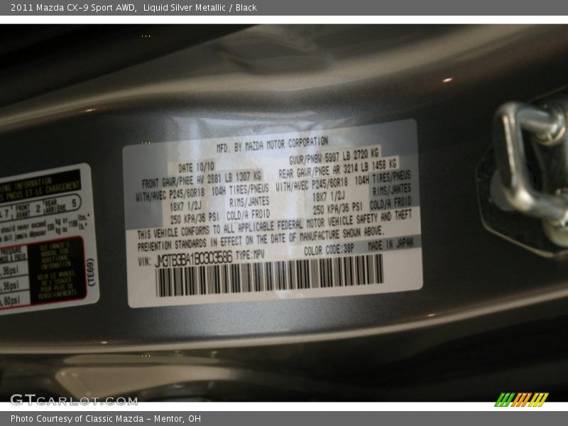 Liquid Silver Metallic / Black 2011 Mazda CX-9 Sport AWD