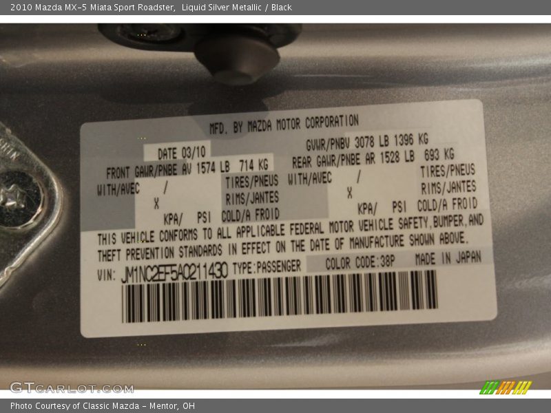 Liquid Silver Metallic / Black 2010 Mazda MX-5 Miata Sport Roadster